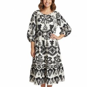 NEW CHICO’S Puff Sleeve Tiered Maxi Dress SZ 16 Pockets Poplin Floral Boho Beach